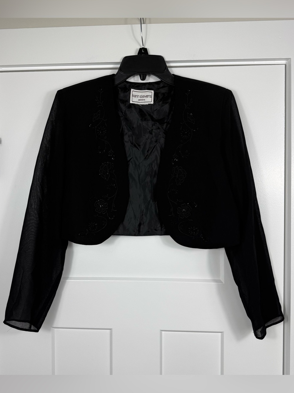 Karin Stevens Petites Cropped Bolero Jacket Embroidered Sheer Black Women